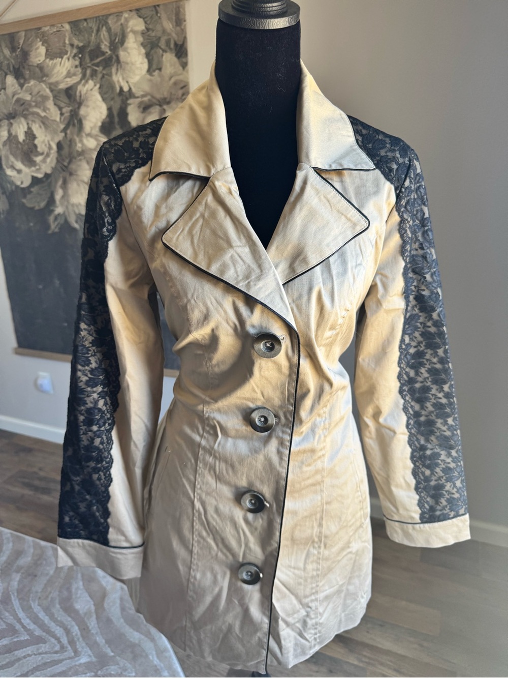 NWT Tan Mini Y2K Trench Coat with Black Lace Sleeves